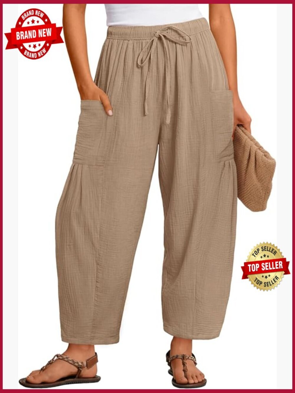 Wide Leg Linen Pants with Pockets Elastic Drawstring Waist Summer Beach
